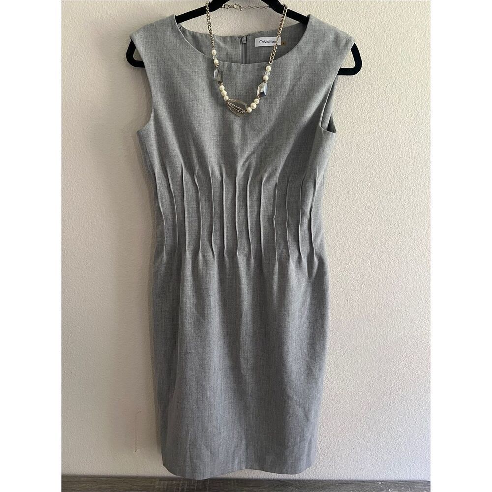 Calvin Klein Gray Pleated Waist Sheath Dress Sleeveless Career Office 6